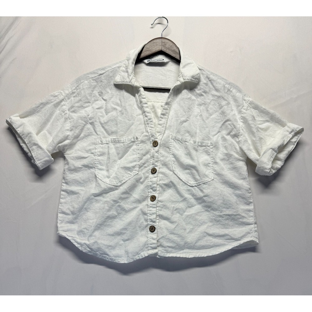 Zara Cropped Shirt Women Medium White Linen Pleated Cuffed Sleeves Button Up Top